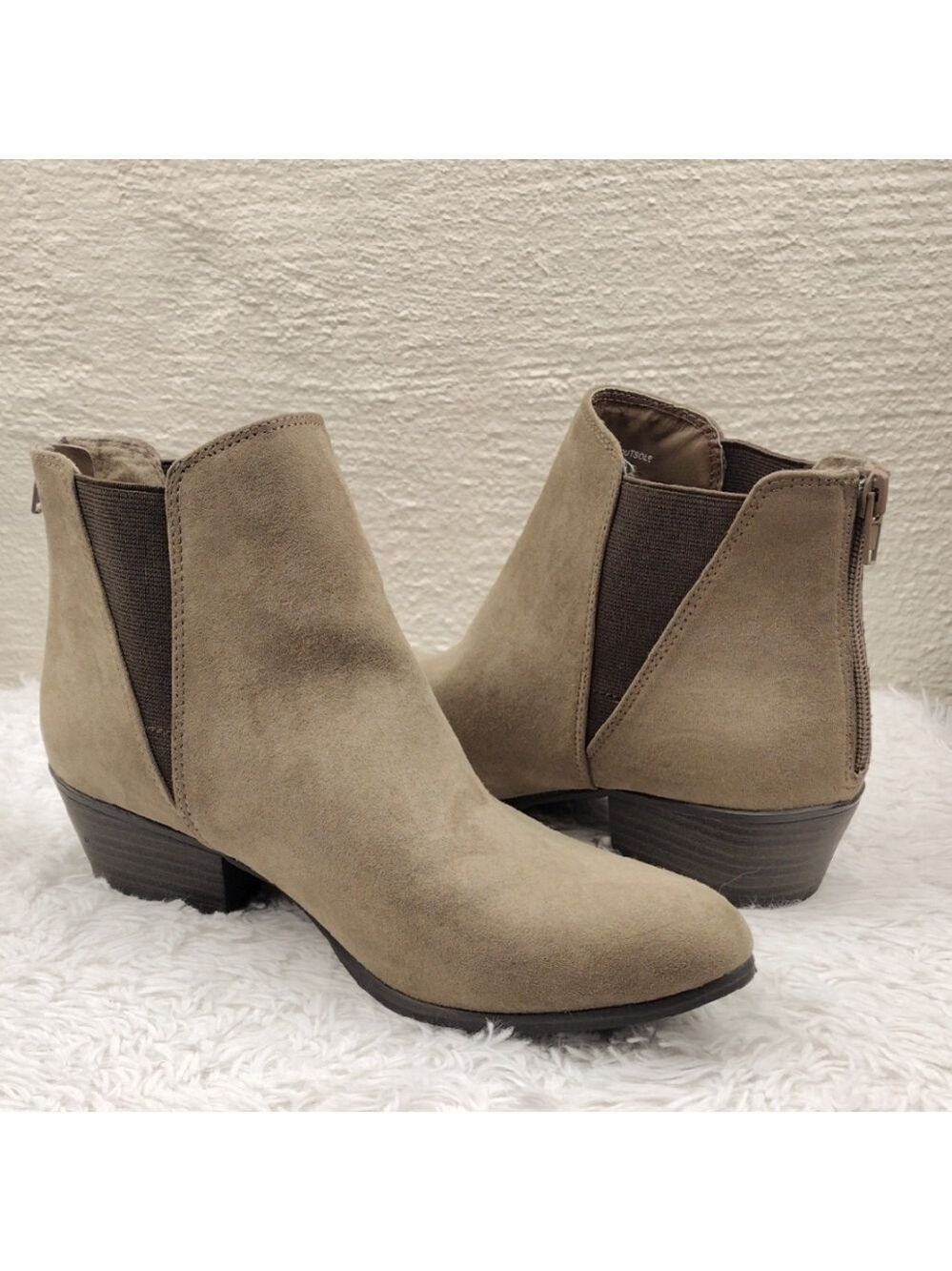 Esprit Tiffany Tan Faux Suede Pointed-Toe Ankle Zip Low Stacked Heel Ankle Boot